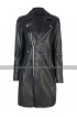 Womens Black Slim Fit Lapel Collar Mid Length Leather Trench Coat
